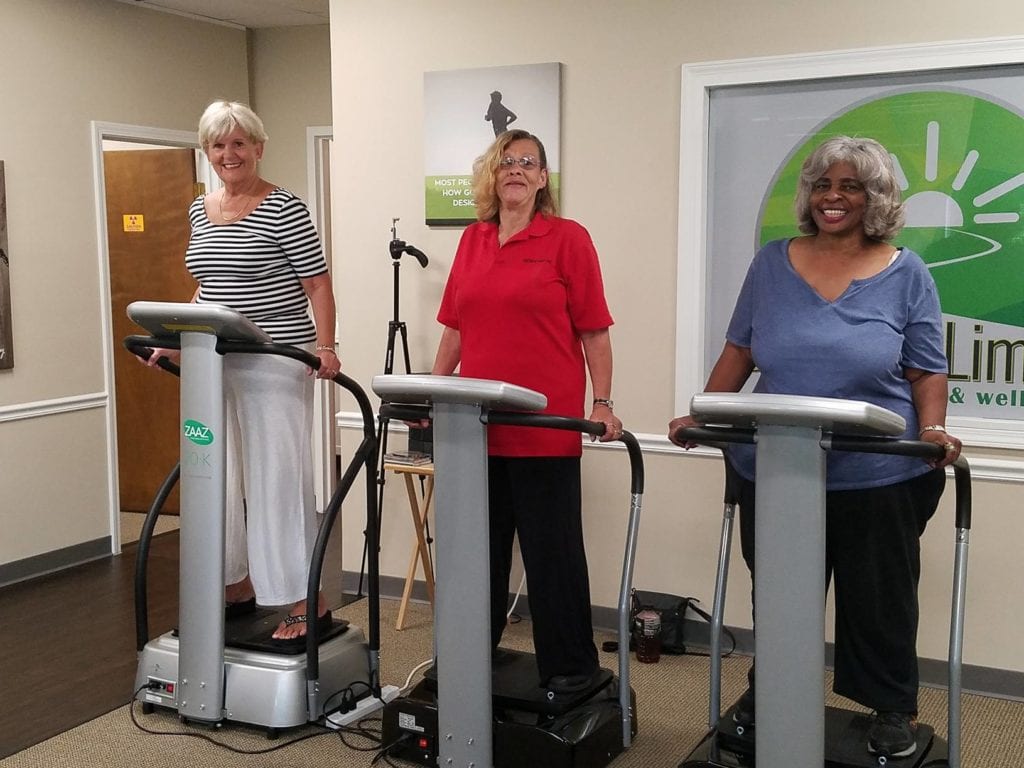 3 women standing on machines